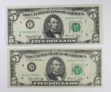 TWO 1974 $5.00 FEDERAL RESERVE STAR NOTES