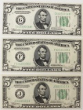 THREE 1934-C $5.00 FEDERAL RESERVE NOTES: