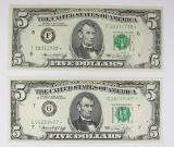 TWO 1974 $5.00 FEDERAL RESERVE STAR NOTES
