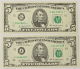 TWO 1977 $5.00 FEDERAL RESERVE 