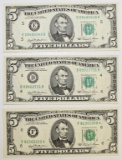 THREE 1981 $5.00 FEDERAL RESERVE NOTES