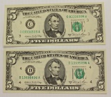 TWO 1981-A $5.00 FEDERAL RESERVE NOTES