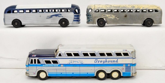 Three Vintage Cast aluminum and tin friction Greyhound busses