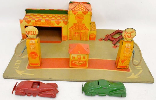 Vintage Tin Litho Wyandotte Shell Station complete with cars