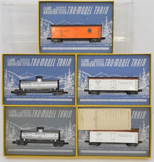 Five American Flyer HO freight cars in original boxes