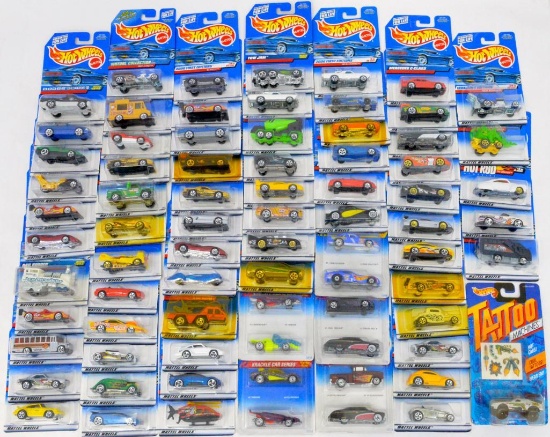 Seventy Seven Mattel Hot Wheels from the 1990's and 2000's on blister cards