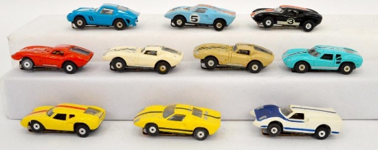 Group of ten vintage Aurora T Jet HO slot cars race cars