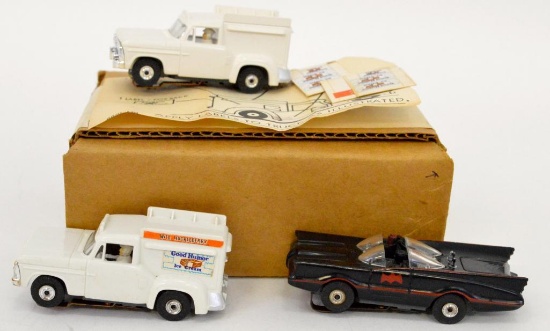 Vintage Aurora Model Motoring HO Batmobile and two Good Humor trucks