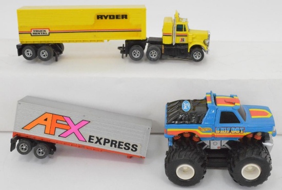 Two AFX semi trailers plus tractor and Bigfoot slot truck