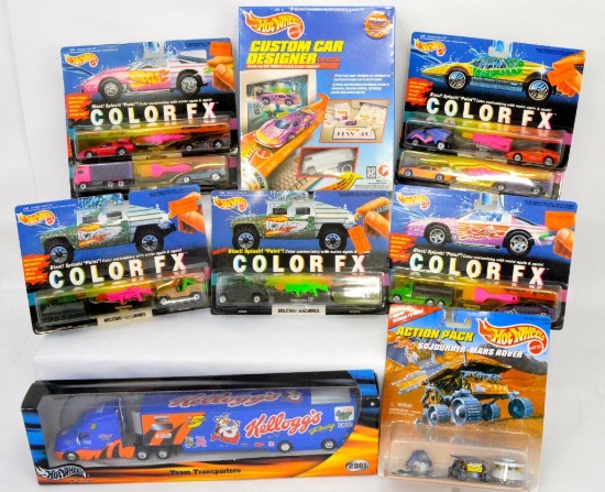 Seven Mattel Hot Wheels Color Changer Packs with extras