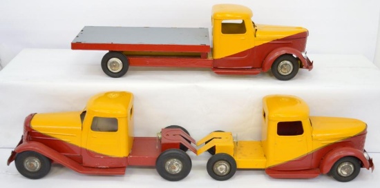 Three Structo pressed steel trucks w/ 5th wheels custom painted Tom Thumb Circus