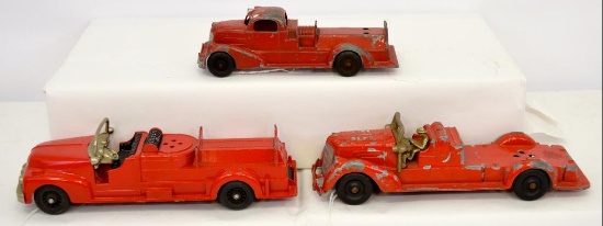 Three vintage Hubley fire trucks for parts or restoration