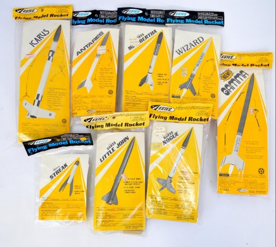 Eight Mint Unbuilt Estes Rocket Kits sealed on header cards