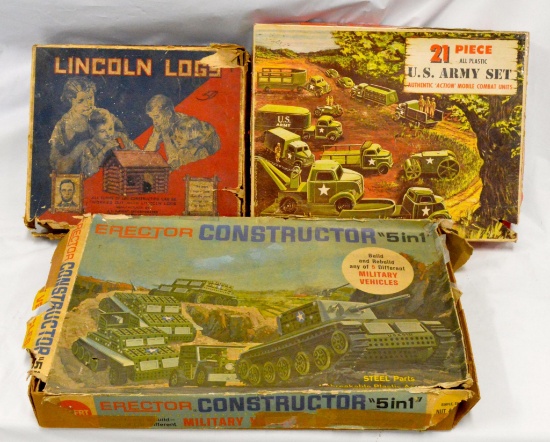 Group of Erector Pyro and Lincoln Logs vintage toys in original boxes