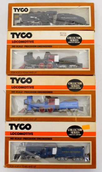 Four Tyco brown box HO steam locomotives and tenders in original boxes