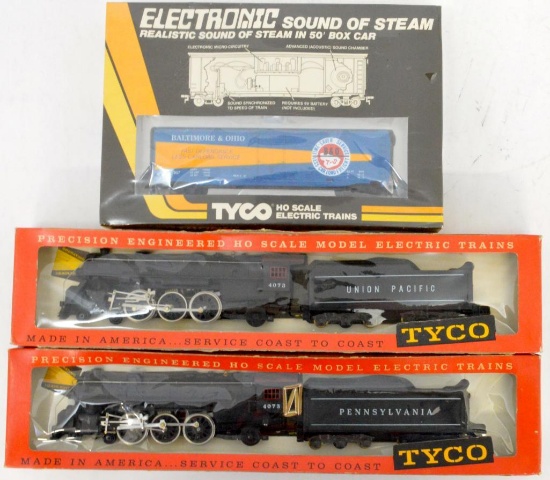 Two Tyco HO new old stock Pacific locos and Sound of Steam boxcar in OBs