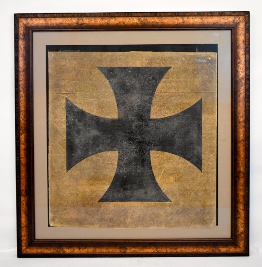Framed WWI German Iron Cross canvas Piece cut from Airplane