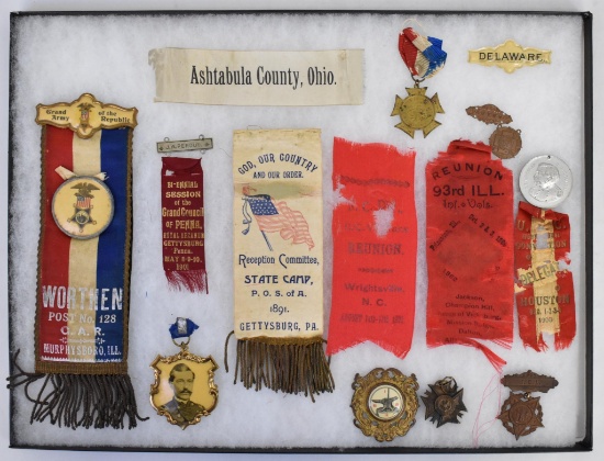 Civil War Reunion Ribbons and Medals Grouping in Riker Frame