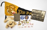 Grouping of vintage college memorabilia pennant buttons pins etc