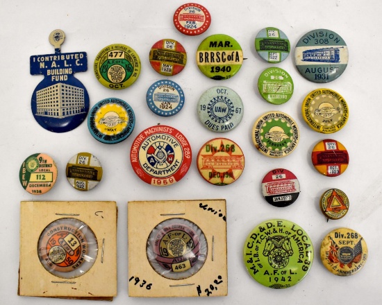 Group of twenty-four vintage Union Workers pinbacks dating back to 1911