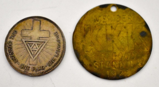 1927 KKK Member in Good Standing Medallion plus 1866 Coin