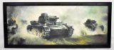 WWII German Nazi Framed Painting of Tank in Battle