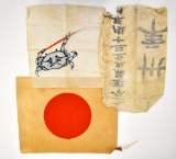 WWII Japanese Grouping with Flag and Two Silk Handkerchiefs