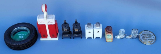 Grouping of salt and pepper shakers plus Kelly ashtray etc
