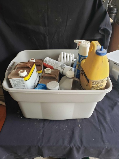 Plastic tote with cleaners and lacquer thinner