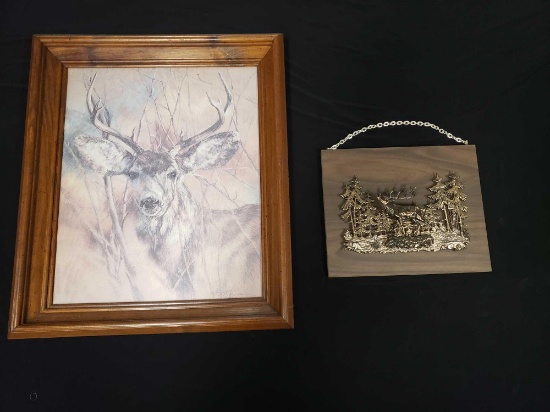 Deer framed artwork. K Maroon and wooden deer