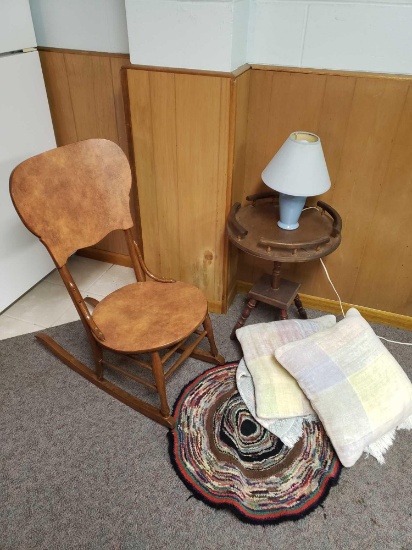 Wooden rocker chair and lamp table with lamp