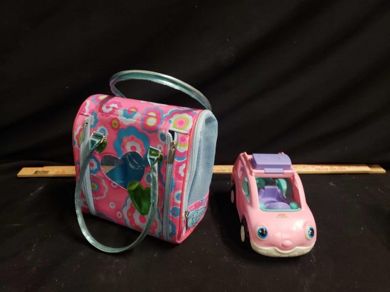 Pucci Pups Stuffed animal carrier and fischer Price toy car
