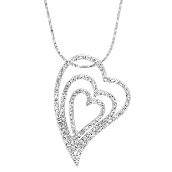 18K White Gold Triple Heart Necklace with Pave White Diamonds hanging on a Silver Snake Chain