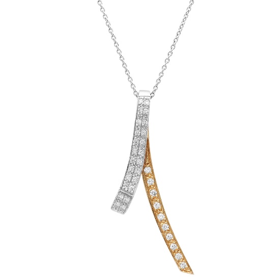 18K White & Yellow Gold Curve Upside Down "V" Necklace Accented with Pave White Diamonds