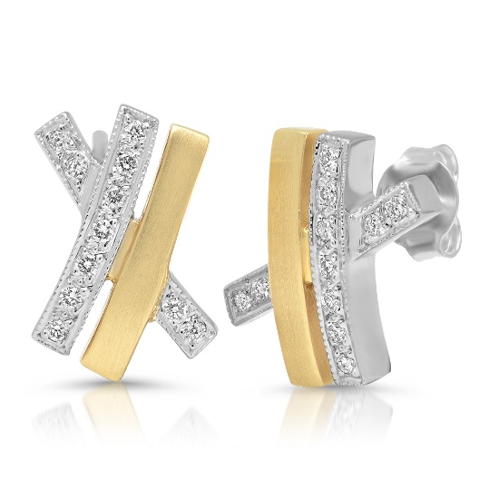 14K White & Yellow Double "X" Accented with Pave White Diamonds Stud Earrings
