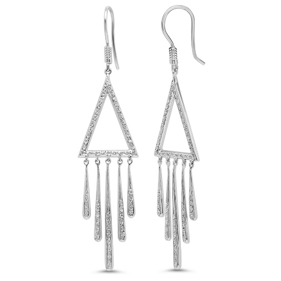 18K White Gold Bohemian Triangle Dangling 0.55K Diamond Hook Earrings