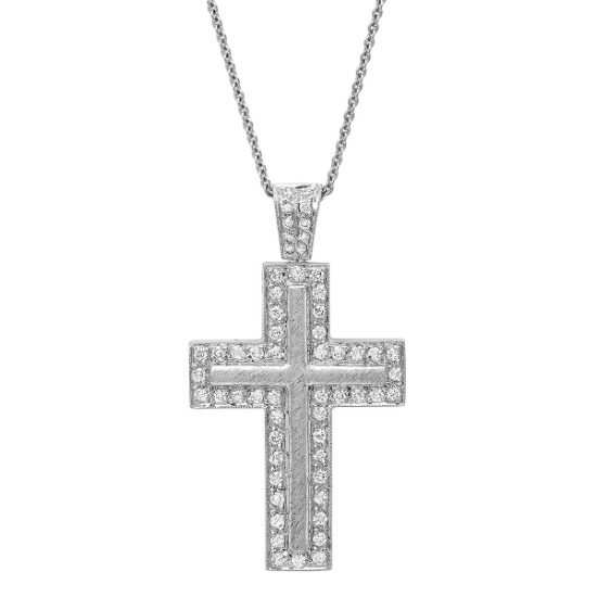 18K White Gold Beautiful Paved Outined Cross Necklace