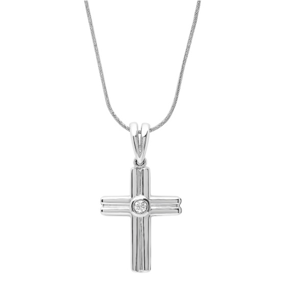 18K White Gold Double Bar Cross with Singular centered Diamond Necklace