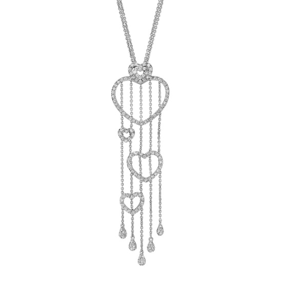 18K White Gold Lovely Chandelier Heart Pave Diamond Necklace