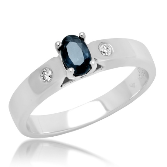 14K White Gold Beautiful Modern Ring Raised Setting with Oval Sapphire and Round Diamond Accents