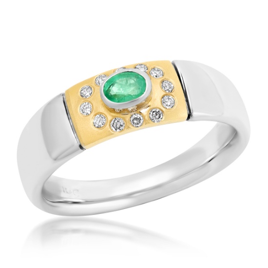 14K 2-Toned Gold Bezel Setting Oval Emerald & Diamond Halo Accent Wide Band