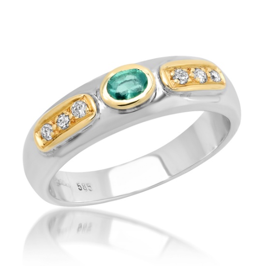 14K White & Yellow Gold Chunky Band Ring, Oval Emerald & Boxed Side Diamond Accents