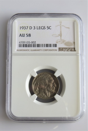 1937 D 3 Legged Buffalo Nickel AU58