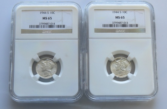 Two (2ct.) 1944S Mercury Dime NGC MS65