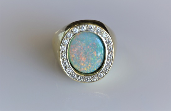 Yellow Gold Heavy Luxury Opal and Diamond Ring