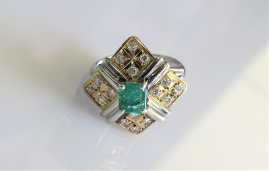 Platinum and 18k Yellow Gold Emerald and Diamond Ring