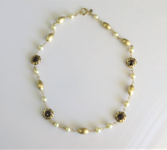 18k Yellow Gold Pearl and Smokey Quartz Necklace