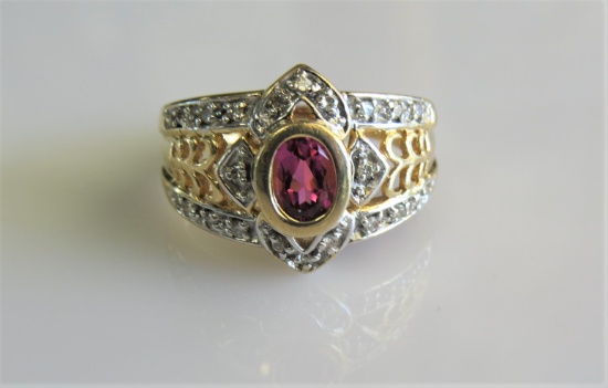 14KT Yellow Gold Pink Tourmaline and Diamond Ring