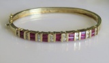 14K Yellow Gold Ruby and Diamond Hinged Bangle Bracelet