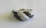 14K White Gold Twisted Black and White Diamond Fashion Ring